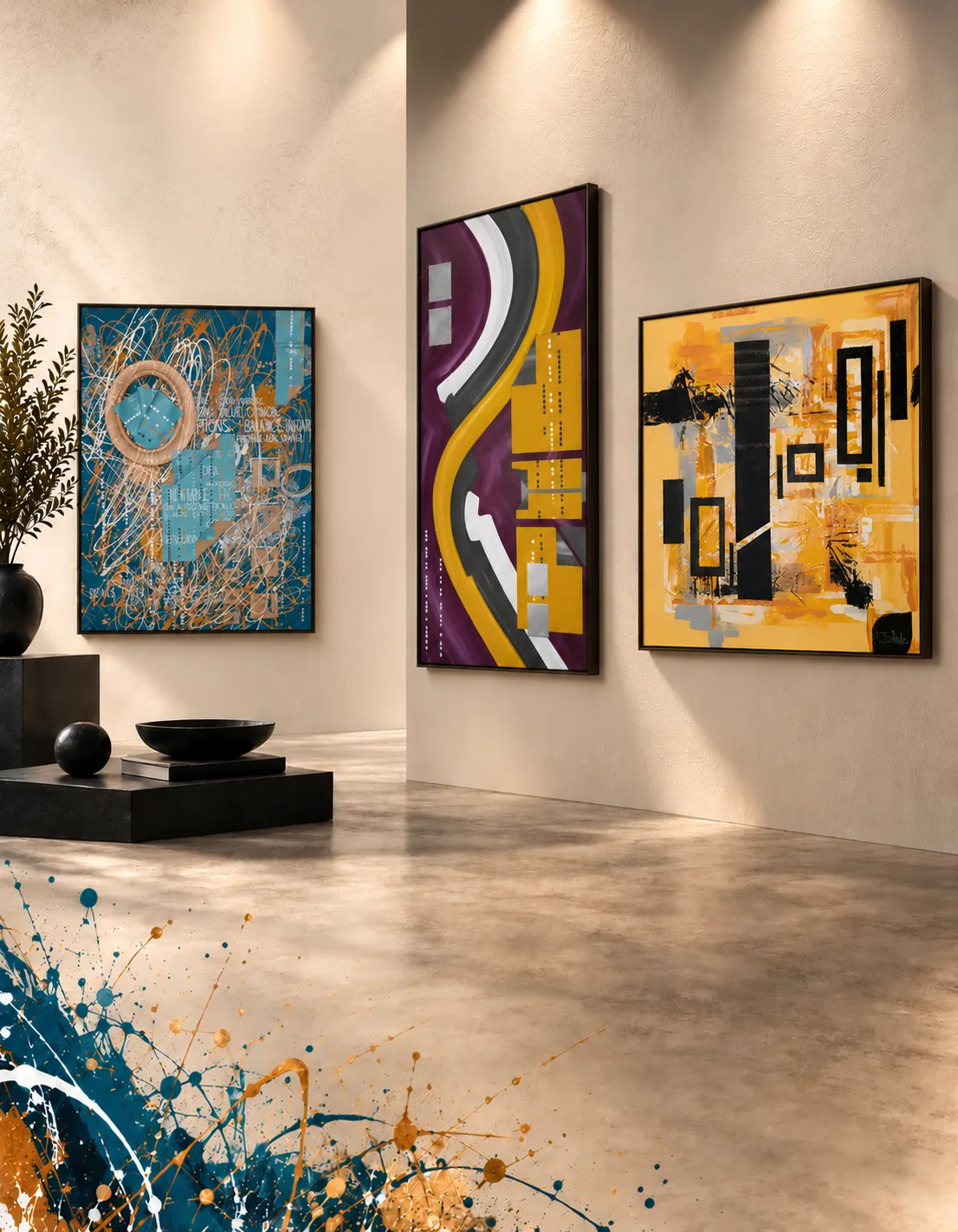 Three original abstract paintings displayed in a warm contemporary gallery